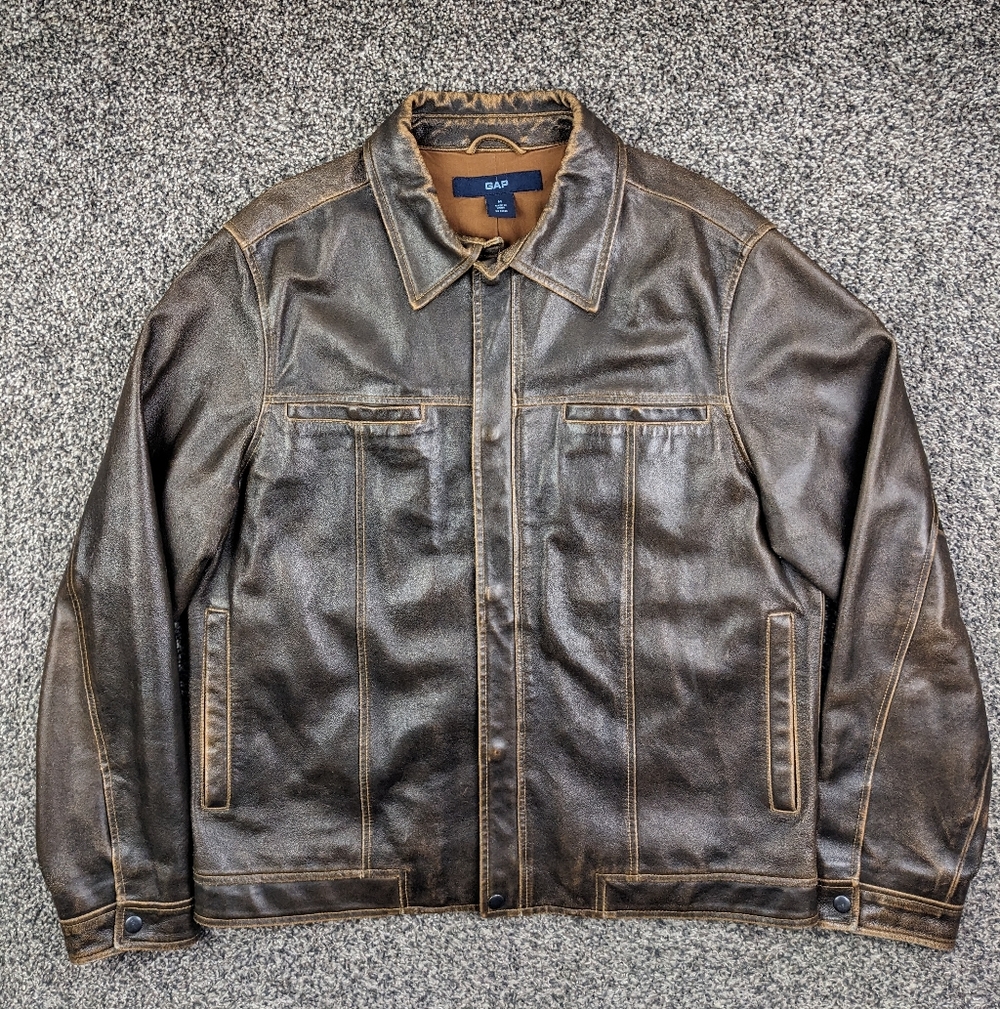 Vintage 2002 Gap Jacket Leather Aviator Snap Button Lined Brown Mens Medium Y2K